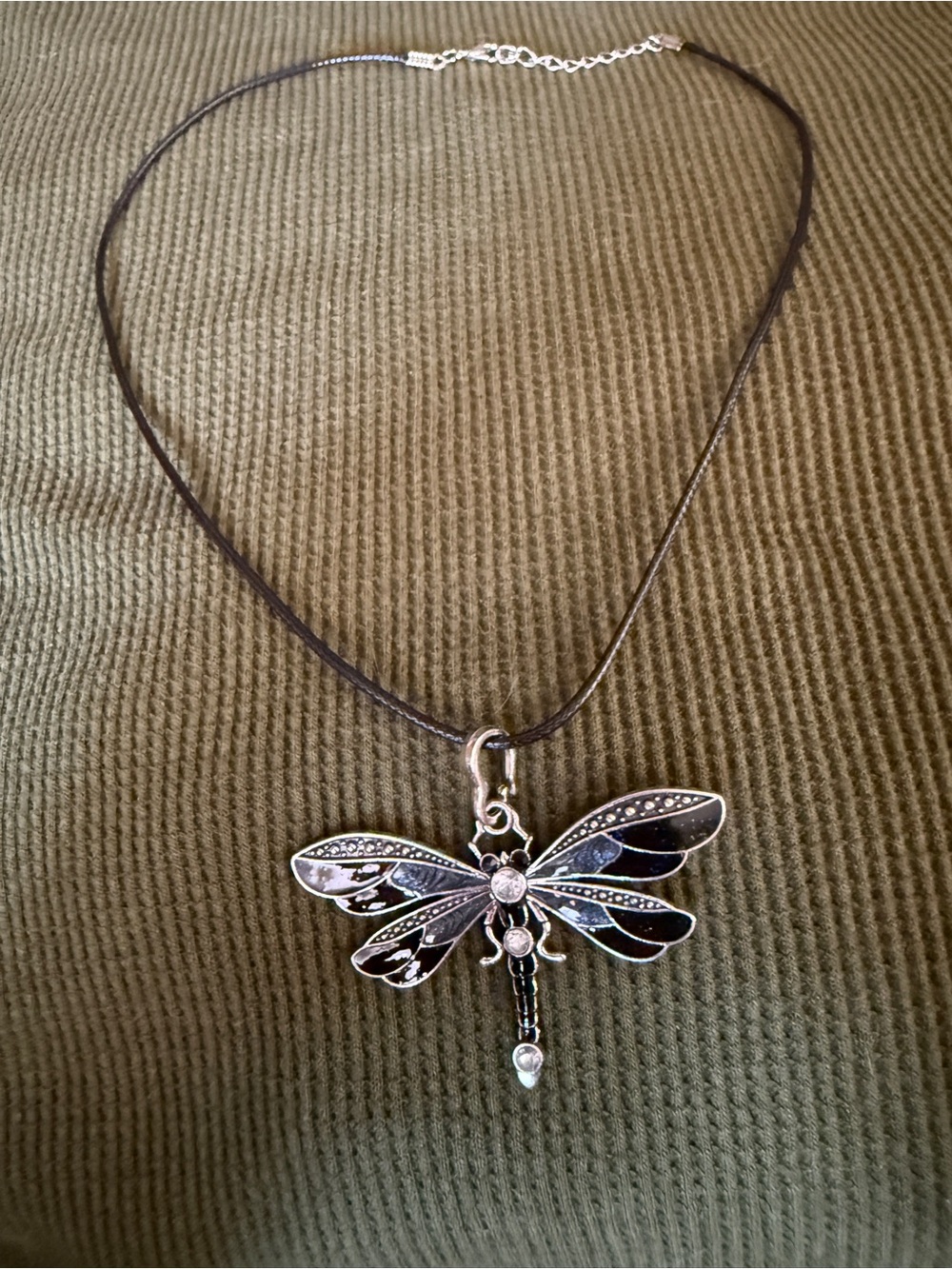 Silver Black Dragonfly Pendant Necklace - Black Cord